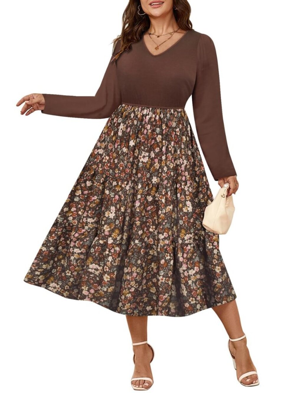 Plus Size Dresses for Curvy Women V Neck Long Sleeve Patchwork Casual Wedding